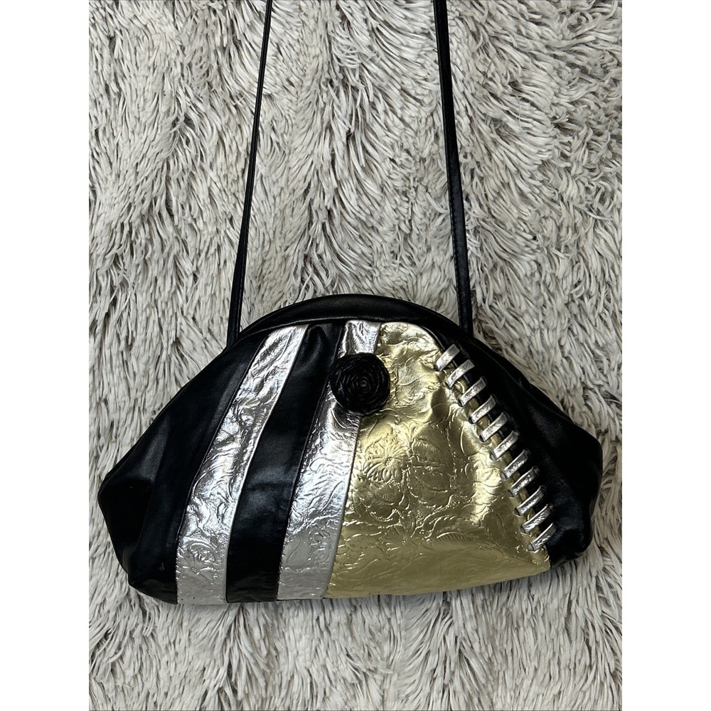 Vtg 1980's Black Gold & Silver Floral Embossed Leather Shoulder Bag Italy Made